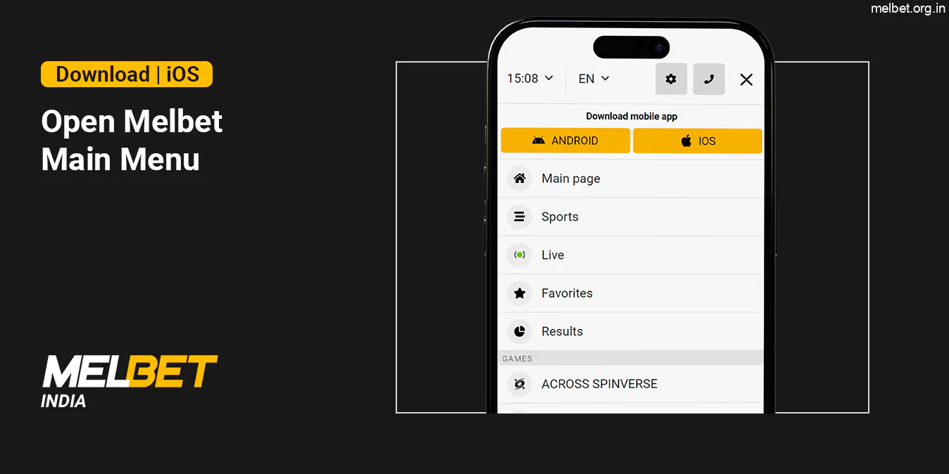 Open Melbet Main Menu to start downloading App for iOS